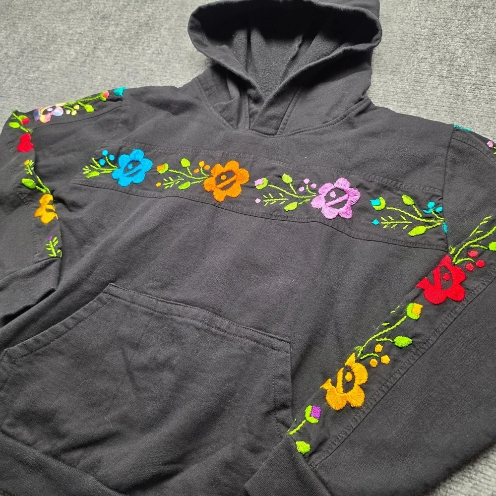 Hand Embroidered Mexican Floral Black Pullover Hoodie Size Medium Boho Cottageco